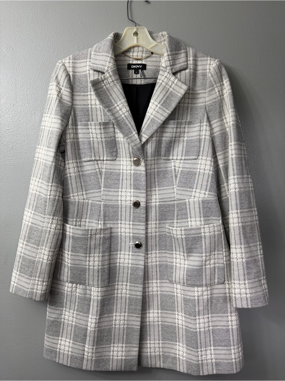 DKNY coat white and gray plaid pattern and silver buttons. 10